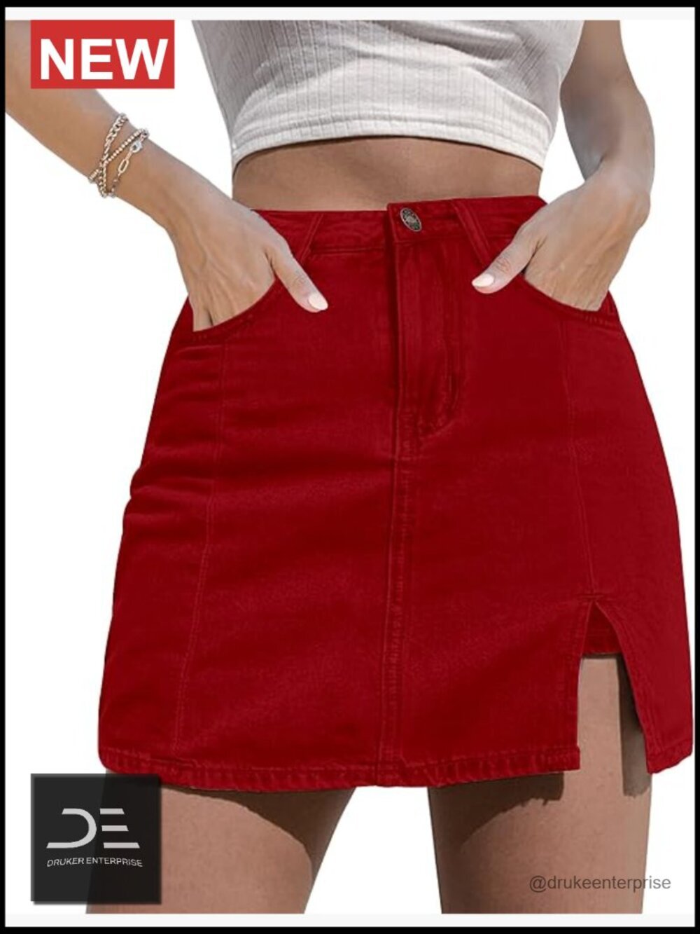 Denim Skort with High Waist Side Slit Jean Shorts Stretchy Mini Skirt